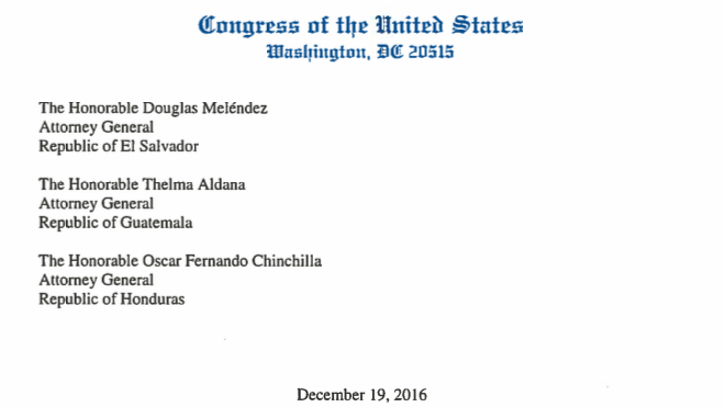 Congreso de los Estados Unidos envía carta a fiscales generales del Triángulo Norte