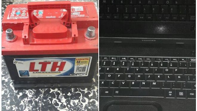 Fueron sorprendidos cuando vendían una laptop y la batería que fue robada de un carro