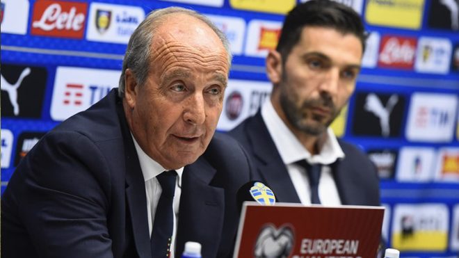 Italy's national football team head coach Giampiero Ventura (L) and team captain Gianluigi Buffon address a press conference on the eve of the WC 2018 football qualification playoff match between Sweden and Italy in Solna, on November 9, 2017. Jonathan NACKSTRAND / AFP