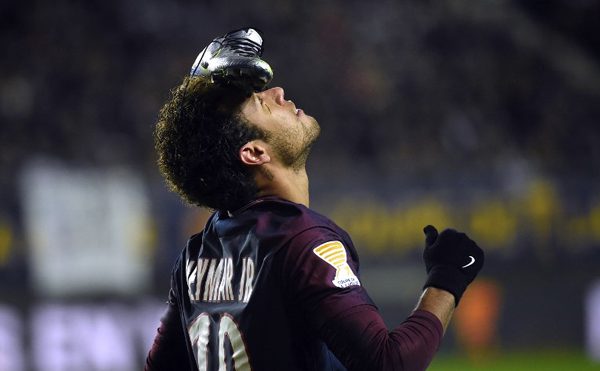 Neymar Paris Saint-Germain's Brazilian forward Neymar celebrates after scoring a penalty kick during the French League Cup quarter-final football match between Amiens (ASC) and Paris Saint-Germain (PSG) at the Licorne Stadium in Amiens, northern France, on January 10, 2018. FRANCOIS LO PRESTI / AFP