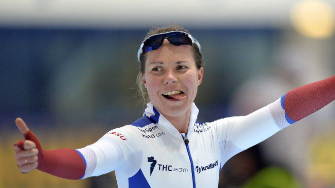This file photo taken on January 11, 2015 shows Russian Olga Graf reacting after finishing in the ladies' 5000 m race at the ISU European Speed Skating Championships in Chelyabinsk, Russia. Russian speed skater Olga Graf announced on January 30, 2018 she is refusing to compete in the upcoming Pyeongchang Olympics, because a ban on her country meant there wouldn't be enough athletes to form a team for the pursuit race.