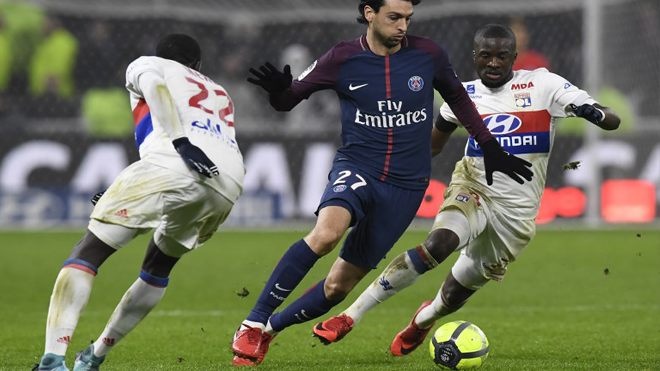 Paris Saint-Germain's Argentinian midfielder Javier Pastore (C) vies with Lyon's French defender Ferland Mendy (L) and Lyon's French midfielder Tanguy Ndombele during the French L1 football match between Olympique Lyonnais and Paris-Saint Germain (PSG) at Groupama stadium in Decines-Charpieu on January 21, 2018. PHILIPPE DESMAZES / AFP