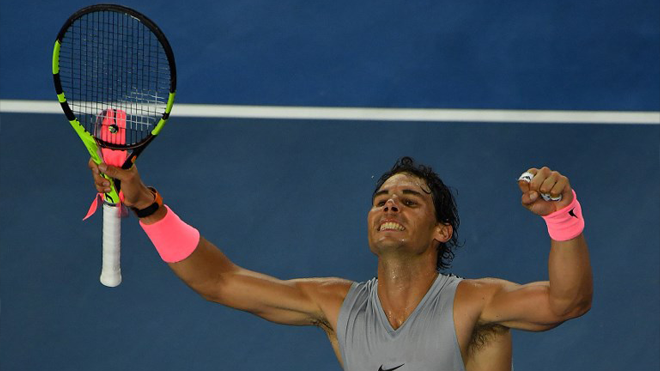 Spain's Rafael Nadal celebrates after victory over Bosnia's Damir Dzumhur after their men's singles third round match on day five of the Australian Open tennis tournament in Melbourne on January 19, 2018. Greg Wood / AFP