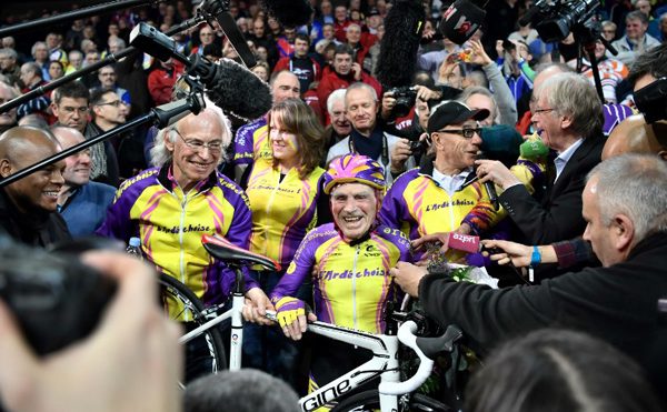 (FILES) This file photo taken on January 05, 2017 shows French centenarian cyclist Robert Marchand posing during a photo session in Paris, a day after he set a new one-hour cycling record for his age, although he was already in a class of his own. French centenarian Robert Marchand retires at the age of 106, a year after having established one-hour cycling record, according to a friend who visits him almost daily, on January 9, 2018. JOEL SAGET / AFP