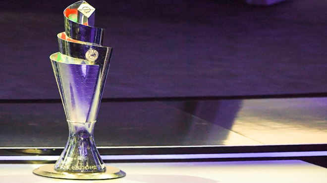 The competition's trophy is displayed during the UEFA Nations League draw at the headquarters of the European football organisation in Lausanne, on January 24, 2018. Philippe DESMAZES / AFP