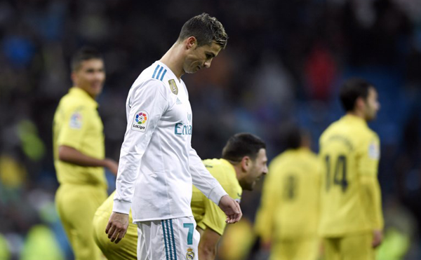Real Madrid's Portuguese forward Cristiano Ronaldo reacts at the end of the Spanish league football match between Real Madrid and Villarreal at the Santiago Bernabeu Stadium in Madrid on January 13, 2018. GABRIEL BOUYS / AFP