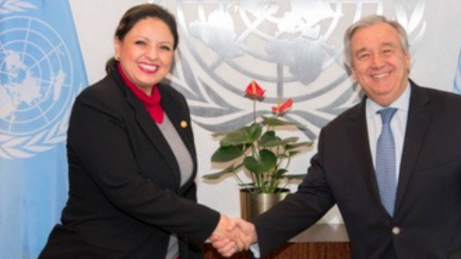 Canciller Sandra Jovel y António Guterrez, ONU