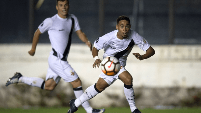 Brazil's Vasco da Gama player Yago Pikachu (R) scores a goal against Chile's Universidad Concepcion during a Libertadores Cup football match at Sao Januario stadium in Rio de Janeiro, Brazil, on February 07, 2018. MAURO PIMENTEL / AFP
