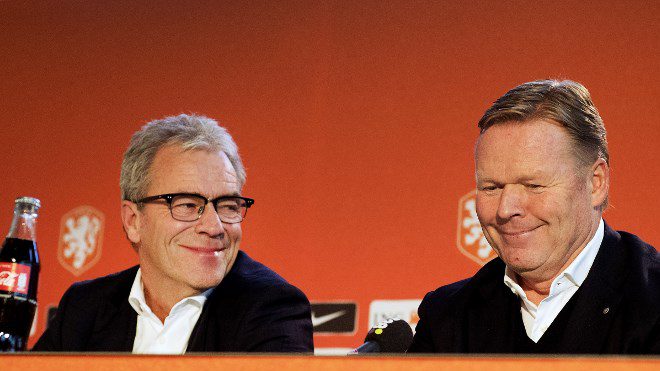 New coach of the Netherland's football team Ronald Koeman (R) is presented to media representatives by the Royal Dutch Football Association (KNVB) at a press conference in Zeist, The Netherlands on February 6, 2018. Olaf KRAAK / ANP / AFP