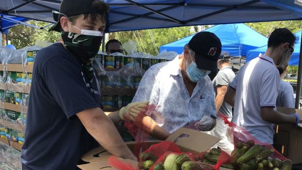  Los voluntarios prepararon con entusiasmo los paquetes que entregaron a los beneficiarios. (Foto Guatevisión: BBC Mundo)