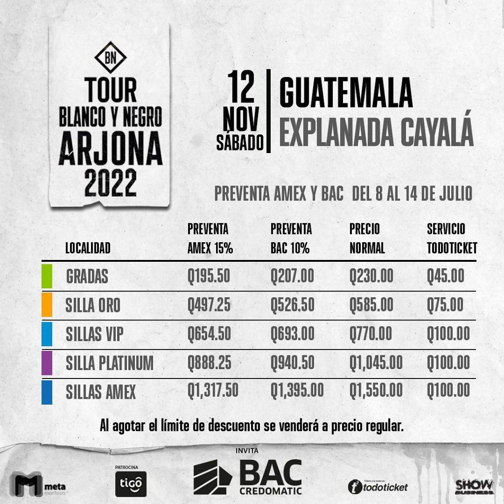 preventa entradas concierto de Arjona en Guatemala