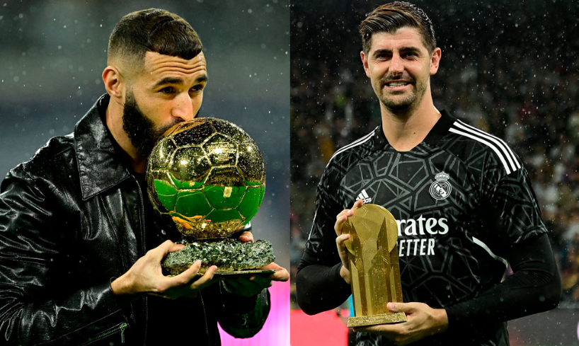El Bernabéu se tiñe de dorado para homenajear a Benzema y Courtois