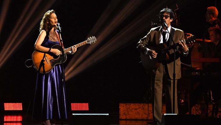 (From L) Guatemalan musician Gaby Moreno and El David Aguilar perform on stage during the 66th Annual Grammy Awards pre-telecast show at the Crypto.com Arena in Los Angeles on February 4, 2024. (Photo by VALERIE MACON / AFP)
